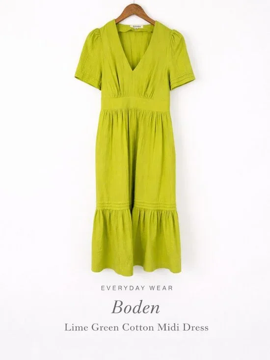 Boden Lime Green Cotton Midi Dress Empire Waist Puff Sleeve 2R - Picture 1 of 12